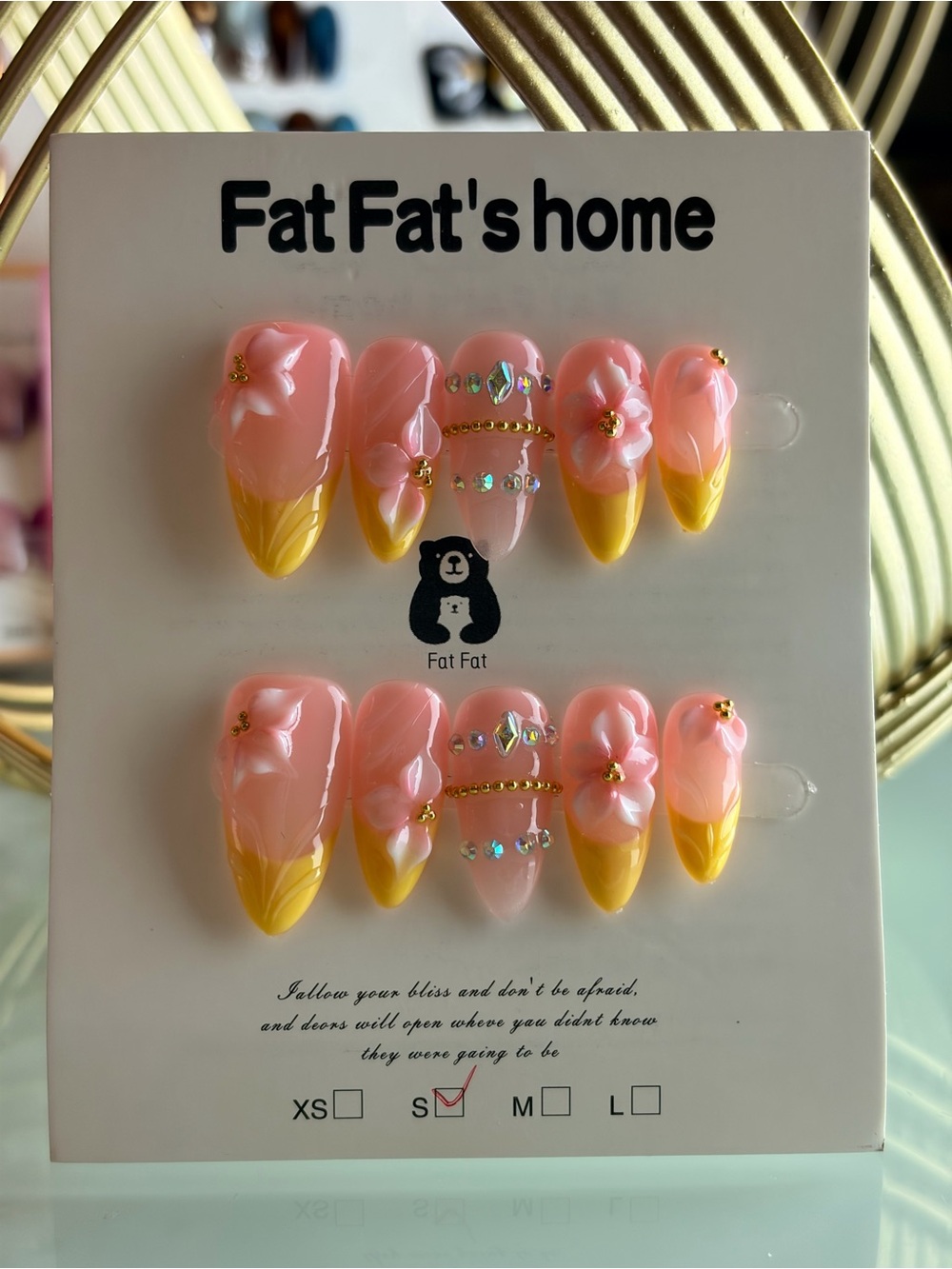 Pink & Yellow 3D Flower Press-On Nails small